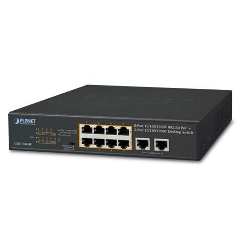Switch PoE PLANET GSD-1008HP, 8-Port 10/100/1000T 802.3at PoE si 2-Port 10/100/1000T Desktop Switch